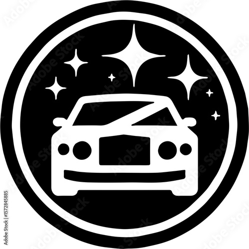 front view car icon with sparkle symbols inside black circle , clean or freshly detailed vehicle