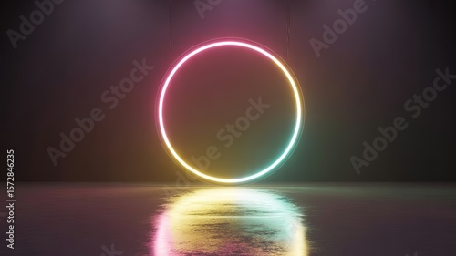 Hanging neon ring light with vibrant pink yellow and blue glow reflecting on wet floor