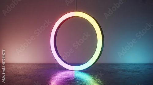 Illuminated ring of light reflecting on wet surface in moody ambient lighting