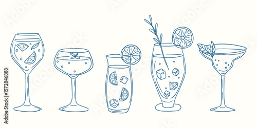 Different types of refreshing beverages served in elegant glassware at a summer gathering