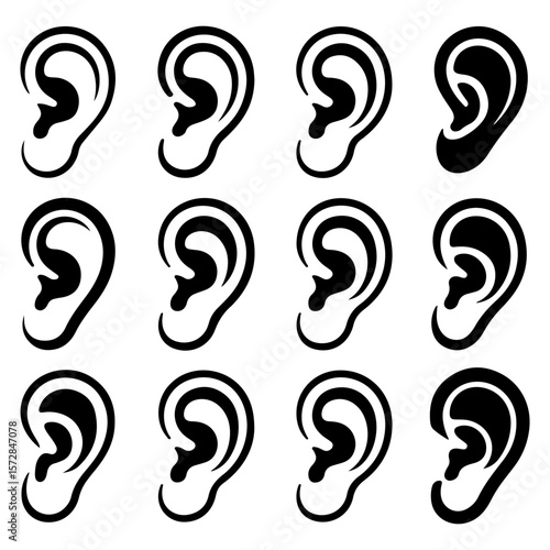 Set of Ear silhouette on isolate with different design 