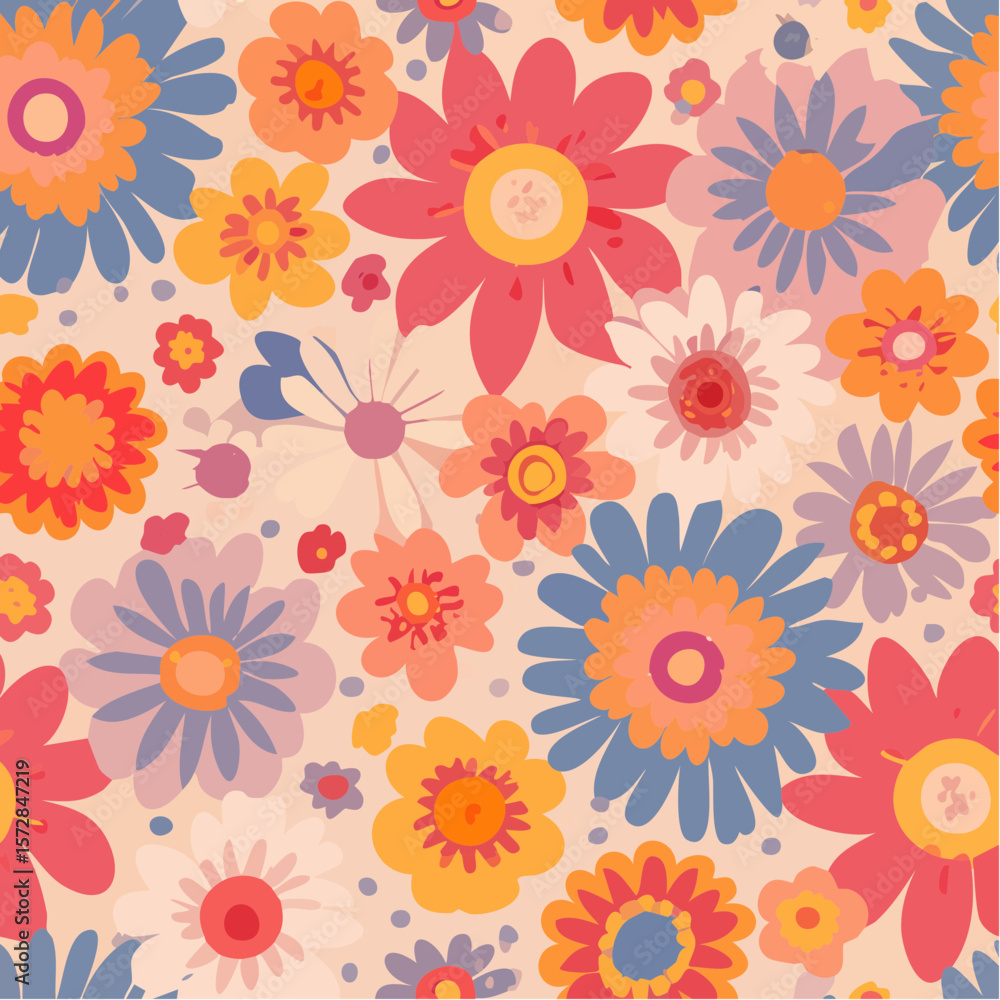 Seamless vector pattern with abstract groovy flowers. 70s, 80s psychedelic floral background. Vintage nostalgia texture for design and print Seamless vector pattern with abstract groovy flowers. 70s, 80s psychedelic floral background. Vintage nostalgia texture for design and print