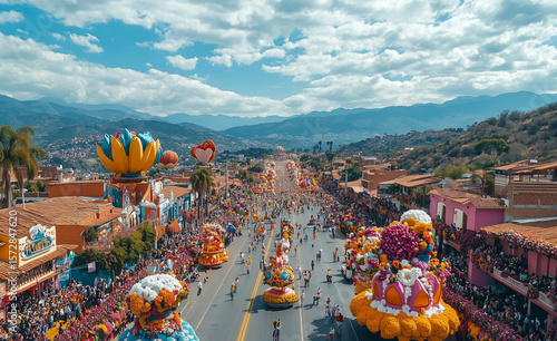 an aerial view of a Feria de las Flores parade, streets filled with participants and floral floats