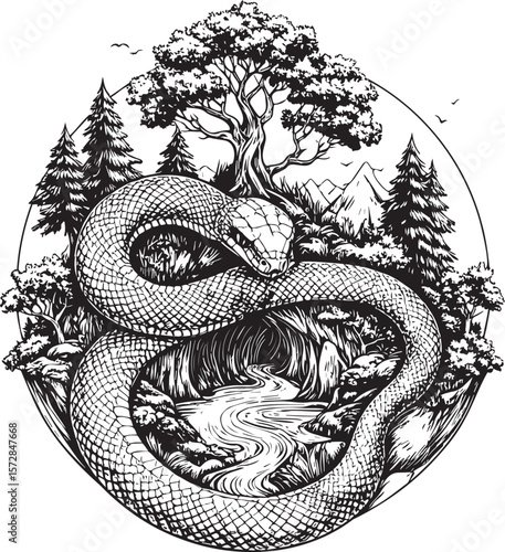 Hand-Drawn Snake in Mountain Landscape