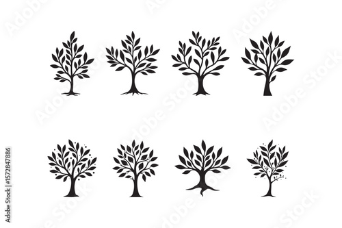 Collection of stylized black trees with leaves and roots on a white background