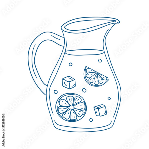 Refreshing pitcher of lemonade with fruit and ice cubes in a sunny outdoor setting