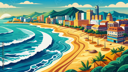 Very beautiful Panoramic aerial scenery of turquoise Mediterranean sea waves falling on Golden Beach shore at Barcelona, Spain. Sandy cost of beautiful bay neighboring with urban landscape tall buildi