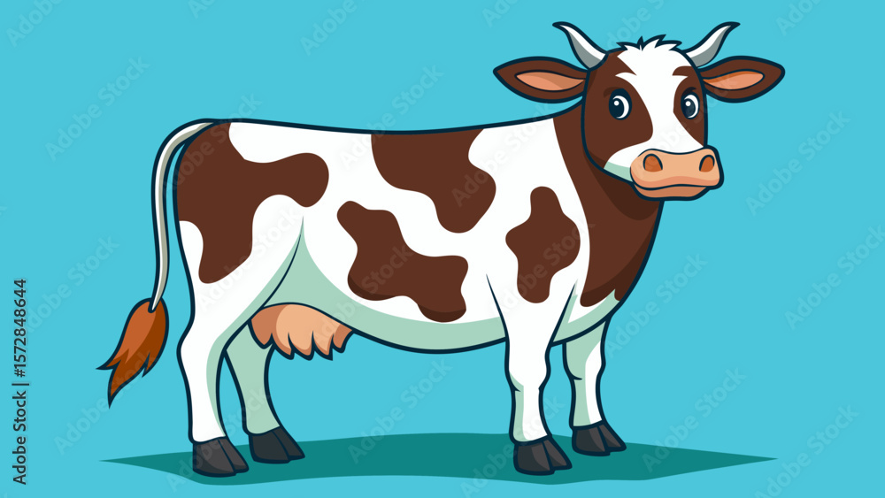 Cartoon illustration of a friendly brown and white spotted cow standing on a blue background Cartoon illustration of a friendly brown and white spotted cow standing on a blue background