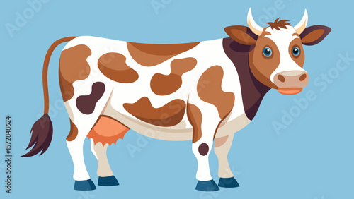 Friendly cartoon cow with brown and white spots standing on a light blue background