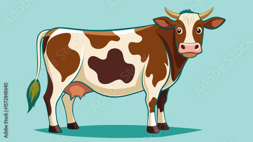 Cartoon brown and white cow standing on a light blue background