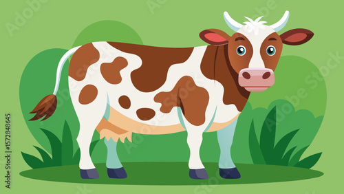 Cute cartoon brown and white cow standing in a green grassy field