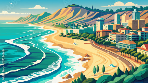 Very beautiful Panoramic aerial scenery of turquoise Mediterranean sea waves falling on Golden Beach shore at Barcelona, Spain. Sandy cost of beautiful bay neighboring with urban landscape tall buildi
