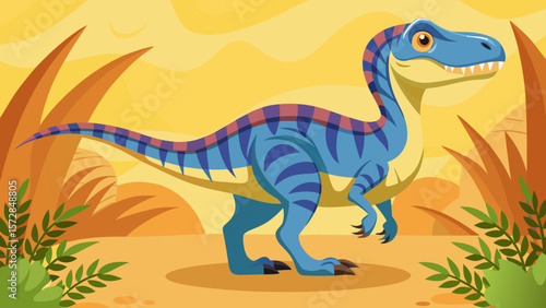 Cute blue dinosaur with purple stripes standing in a prehistoric landscape