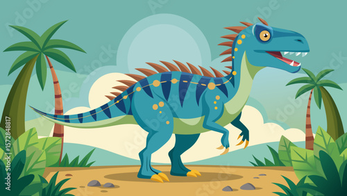 Cute blue cartoon dinosaur with spikes and yellow spots in a prehistoric jungle