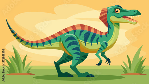 Colorful cartoon dinosaur with green skin and striped tail in a prehistoric landscape