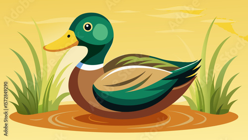 Stylized illustration of a mallard duck swimming in calm water with reeds
