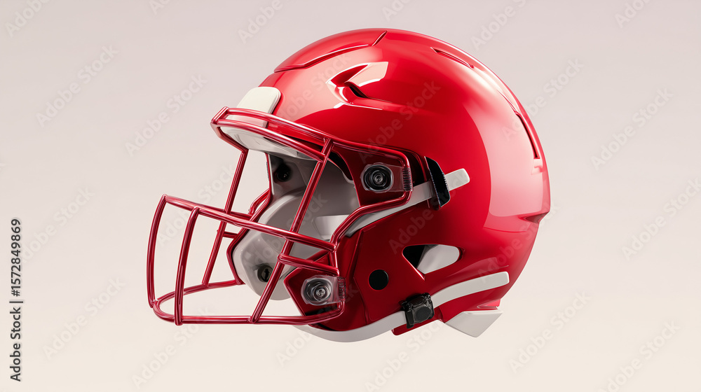 Fototapeta premium Red American football helmet isolated on clean background, symbol of strength and protection, perfect for sports, training, and team equipment concepts.