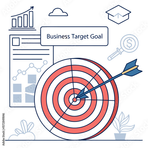 Illustration depicting business target goal with arrow in bullseye, alongside charts and graduation cap icon.