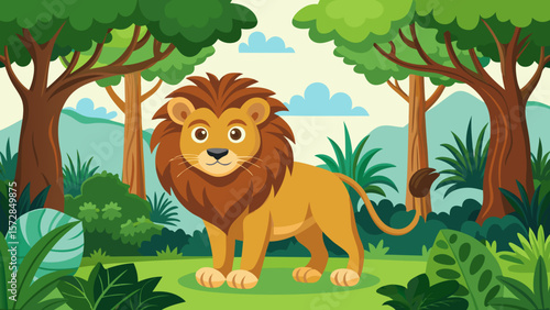 Cute cartoon lion standing in a lush green jungle with trees and clouds