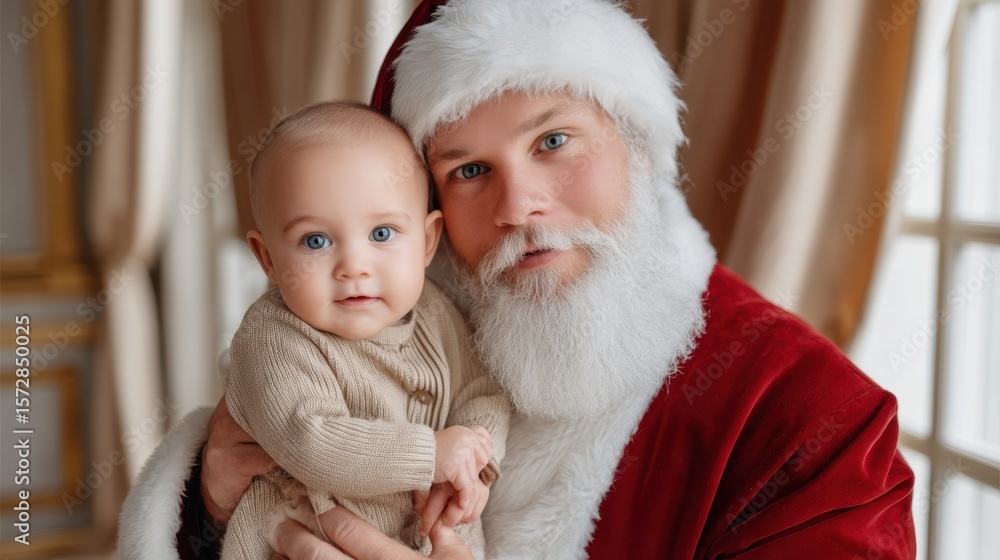 Obraz premium Santa Claus holding a baby in his arms indoors with festive holiday decorations and warm lighting.