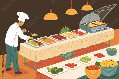 Vibrant vector scene depicting a self-serve buffet line with multiple food dishes.