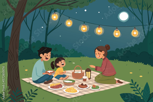 A charming vector illustration of a family enjoying an outdoor picnic at night, illuminated by soft lantern light.