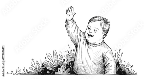 Boy with Down syndrome giving a high five, cheerful gesture, nature background, copy space