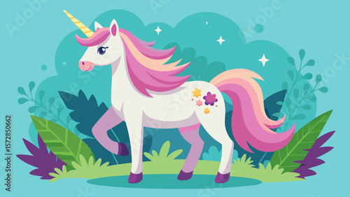 Cute cartoon unicorn with pink mane and tail in a magical forest setting