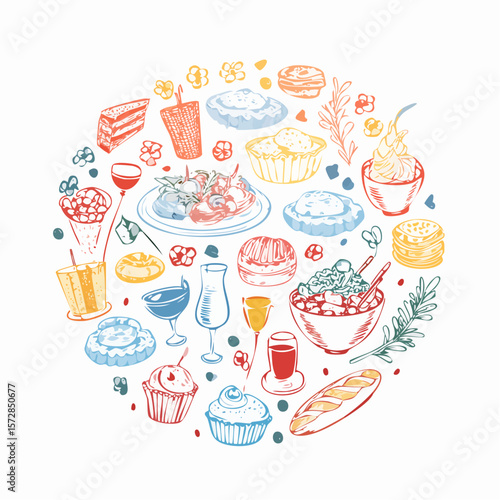 Set of hand drawn whimsical illustrations of food and drinks. Doodle drawings of italian and french food, cocktails, flowers and decor. Coquette line art in vintage style. Vector design