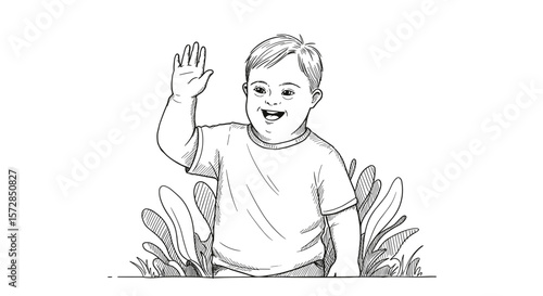 Boy with Down syndrome waving his hand, cheerful expression, nature background, copy space

