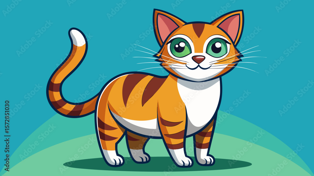 Fototapeta premium Cute cartoon orange tabby cat with green eyes standing on a teal background