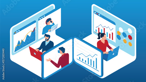 Isometric view of business team collaborating online with data charts and virtual meetings shown