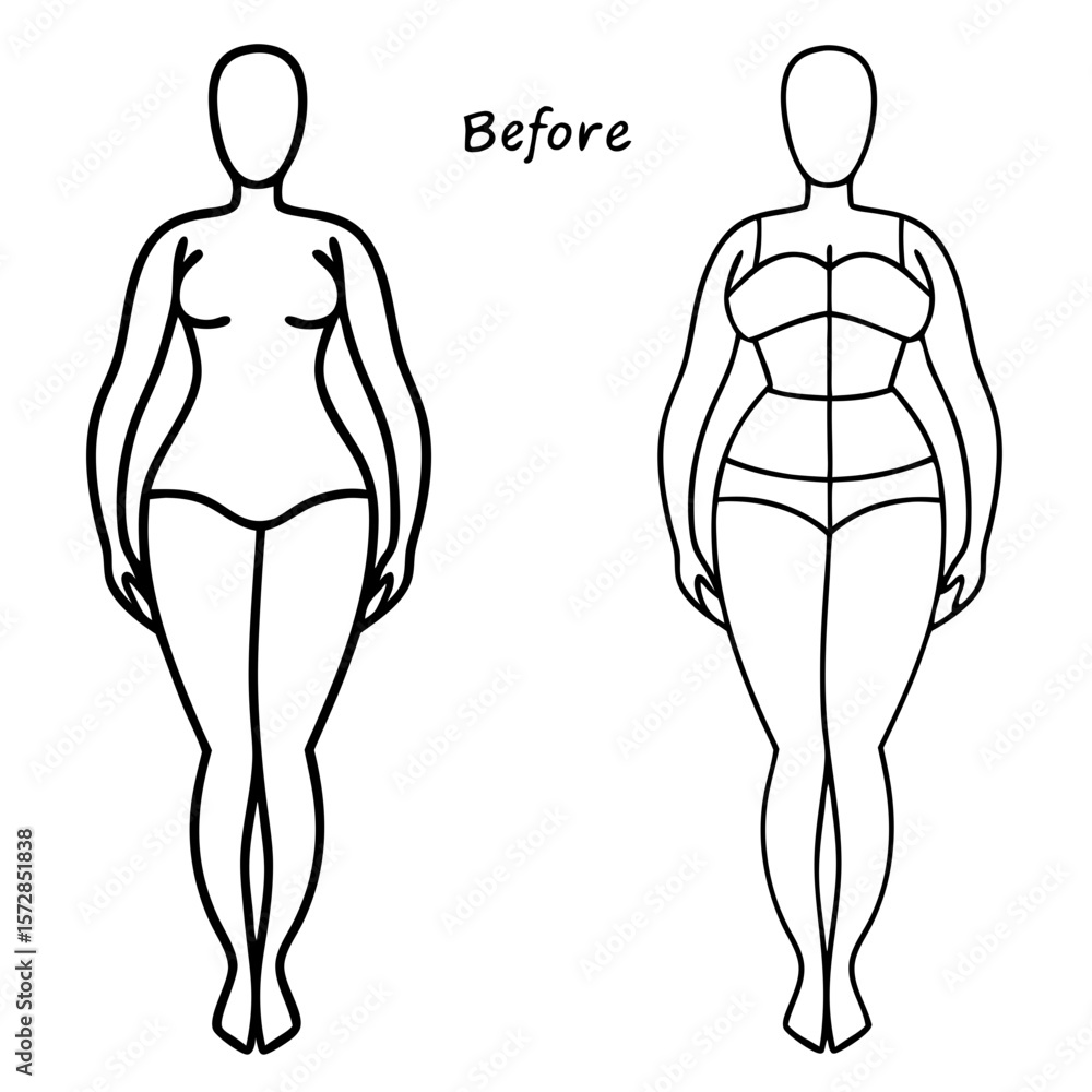 Fototapeta premium Before and after female body outline showing figure transformation, ideal for lifestyle transformation resources.
