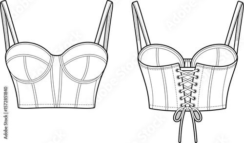 Corset top fashion bra vector, front and back view, lace-up detailing, digital sketch, lingerie cad drawing, trendy bra flat illustration