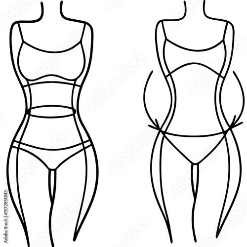Before and after female body outline showing body transformation, weight loss and healthy lifestyle concept. Before and after female body outline represents transformation with diet and exercise,