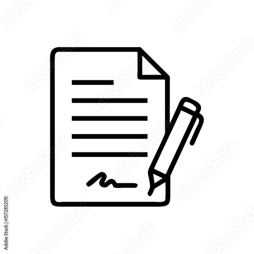 Contract outline with signature and pen conveys legal agreement. Contract terms are clearly presented for signing with pen.