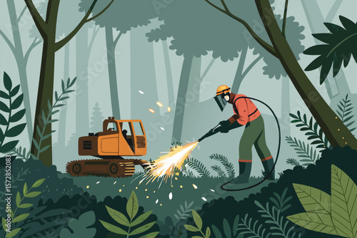 Vector illustration of a mechanic welding damaged industrial equipment in a forest.