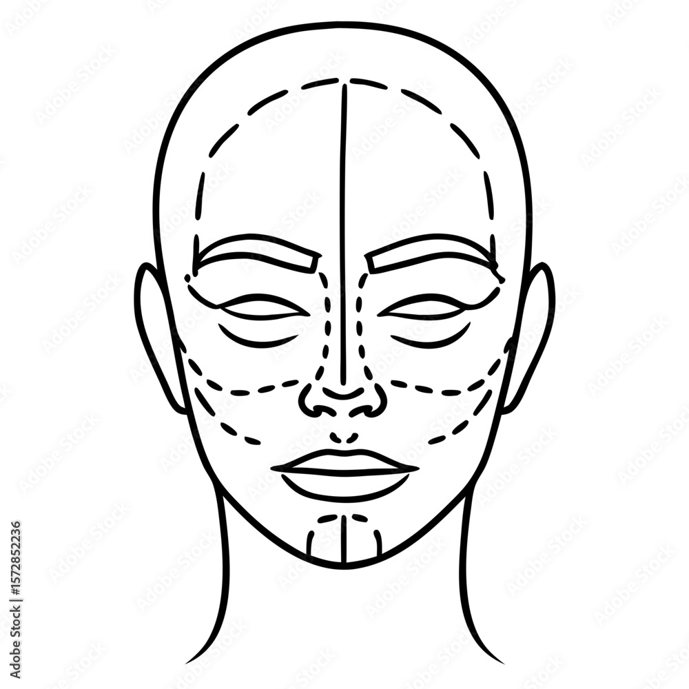 Face with surgical markings illustrated in outline, showing areas for cosmetic procedures and enhancement. Face with surgical markings represent beauty standards and transformations. Face with surgical markings illustrated in outline, showing areas for cosmetic procedures and enhancement. Face with surgical markings represent beauty standards and transformations.
