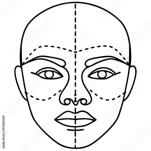 Face with dotted correction lines showing cosmetic surgery areas, emphasizing facial symmetry.