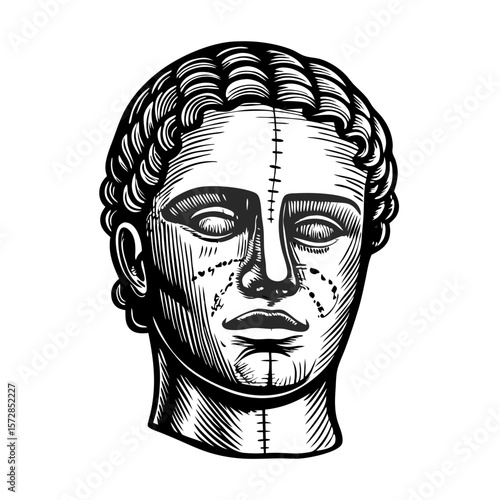 Face with surgical markings engraved in black and white shows a detailed head shot with medical incision lines. Face with surgical markings displays recovery and transformation.