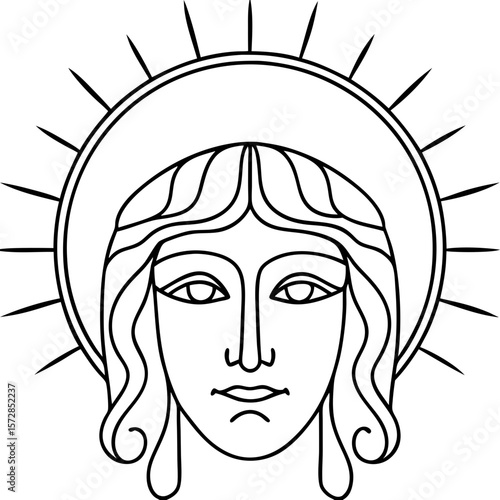 Face with radiance halo illustration shows divine light on woman's face. Face with radiance halo symbolizes grace and spiritual enlightenment, shining face with radiance halo for religious art,