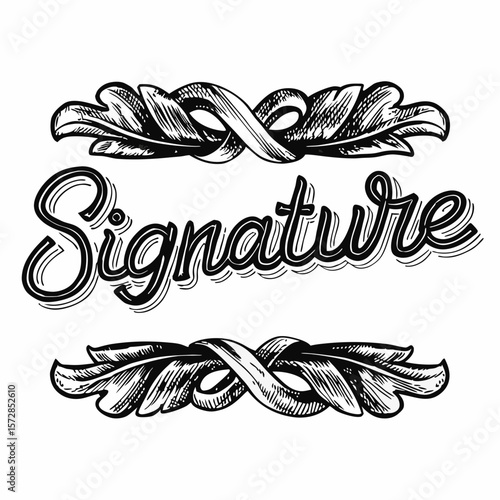 Hand drawn signature with decorative floral elements. Elegant signature with vintage flourishes adds distinction and refinement to any design. Design a signature suitable for branding or artistic use.