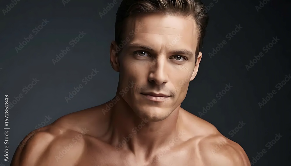 Fototapeta premium Stylish man with glowing skin and dramatic lighting. Ideal for premium men’s skincare branding.