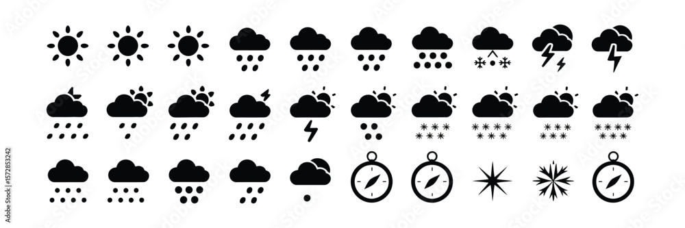 Isolated weather icon set, sun, rain, cloud, snow, lightning, snowflake, compass, Isolated weather icon set, sun, rain, cloud, snow, lightning, snowflake, compass,