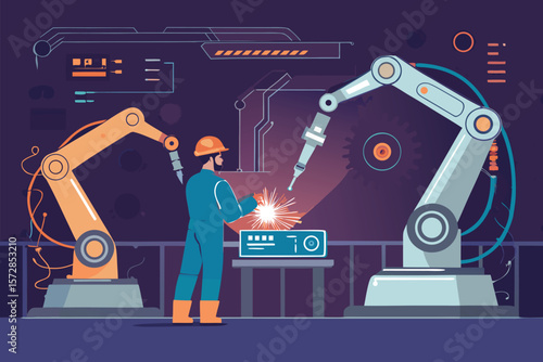 Futuristic exosuit welder working alongside a human.