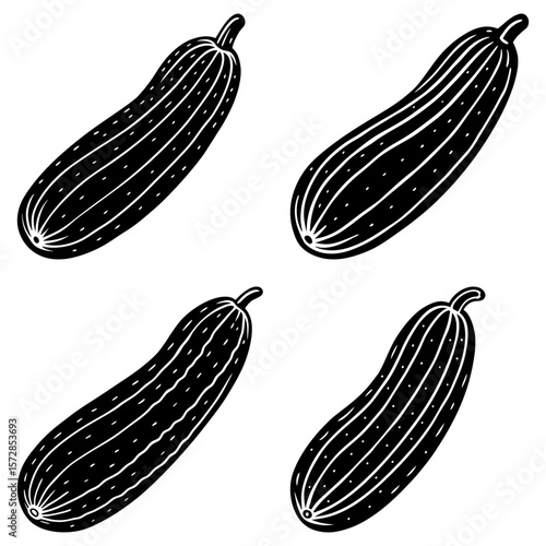 Four black and white zucchini vegetables arranged in a pattern on a white background illustration