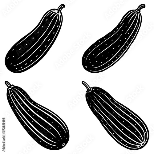 Four black and white zucchini vegetables with long shapes and stems in a simple graphic design style