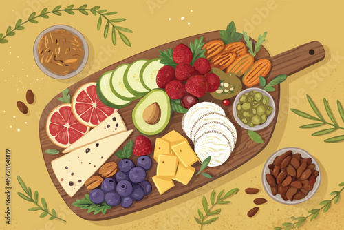 An overhead vector illustration of a vegan charcuterie board, showcasing plant-based cheeses, fruits, and crackers.
