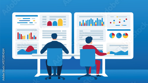 Two people analyzing data dashboards with charts and graphs on large computer screens in a blue room