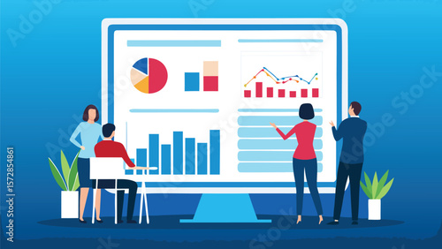 Business team analyzing data on a large computer screen with charts and graphs in a blue background scene